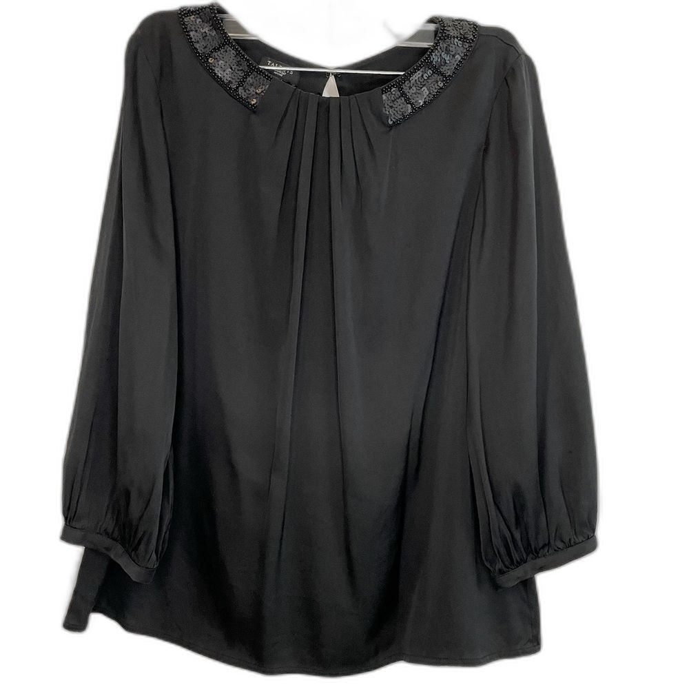 Talbots Women's Black Tunic Blouse with Sequins Neckline - Size 10p